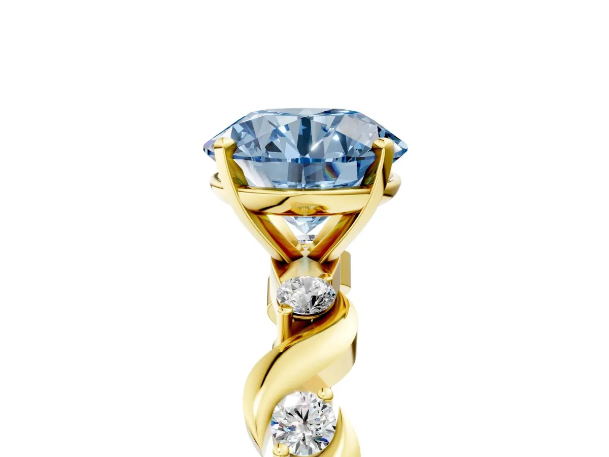 Fancy Blue Round Cut Diamond Solitaire Twisted Band with Round Accents and Prong Setting Yellow gold