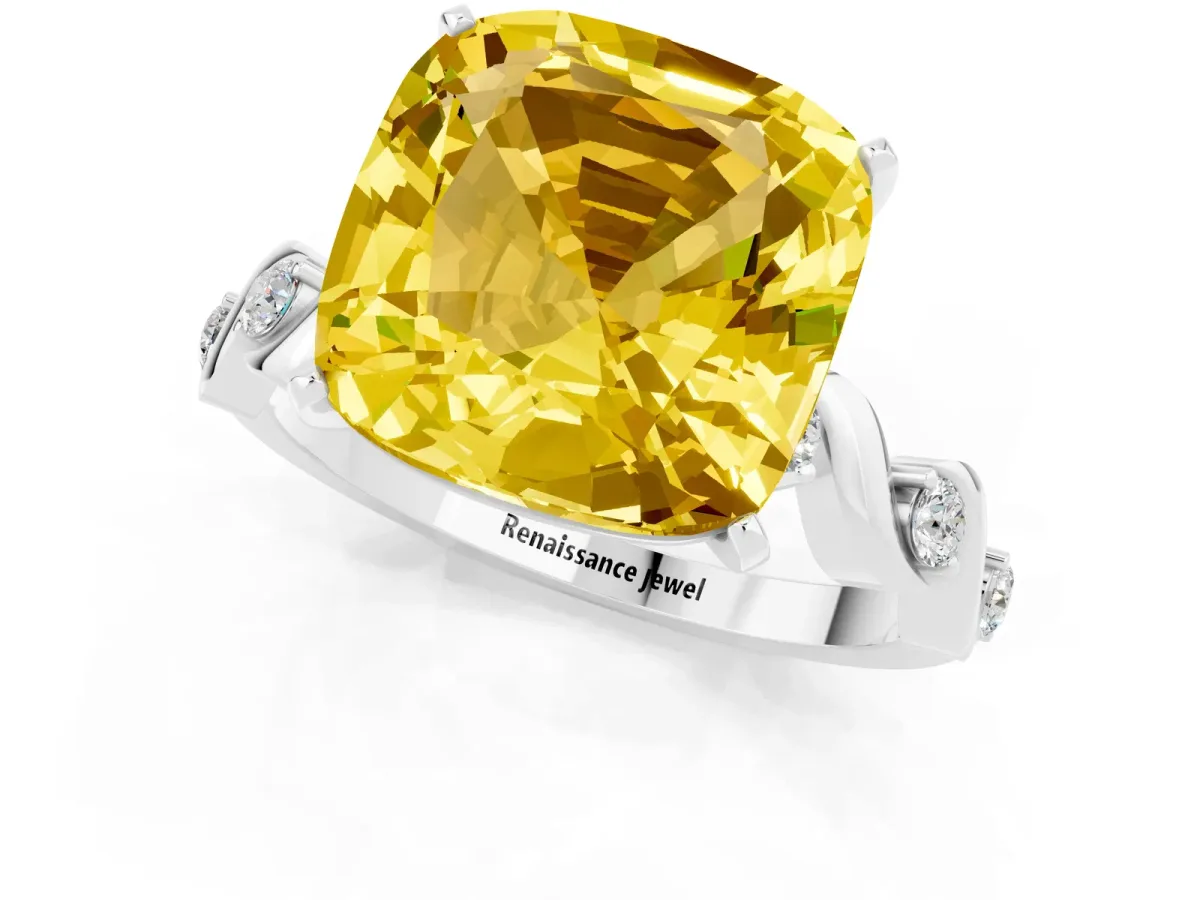 Cushion Cut Yellow Sapphire Solitaire Twisted Band with Round Accents and Prong Setting Platinum