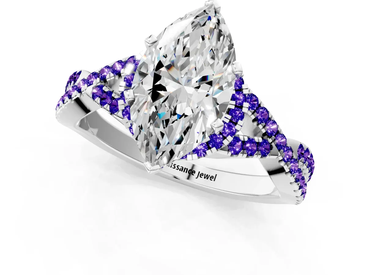 Marquise Cut Diamond Tanzanite Halo Twist Band Solitaire Prong Setting Ring White gold