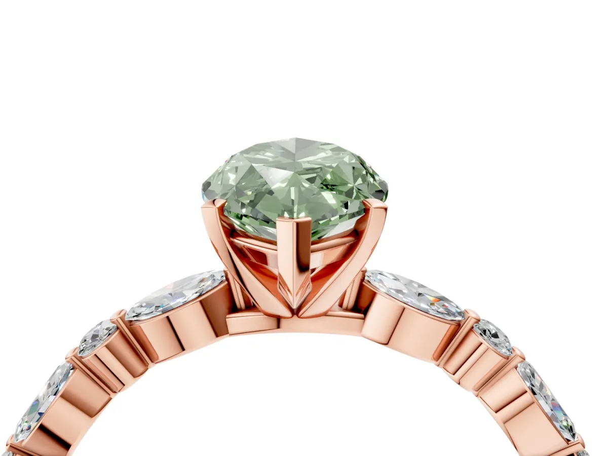 Fancy Green Marquise Cut Diamond Ring with Marquise and Round Side Stones and Four-Prong Setting Rose gold