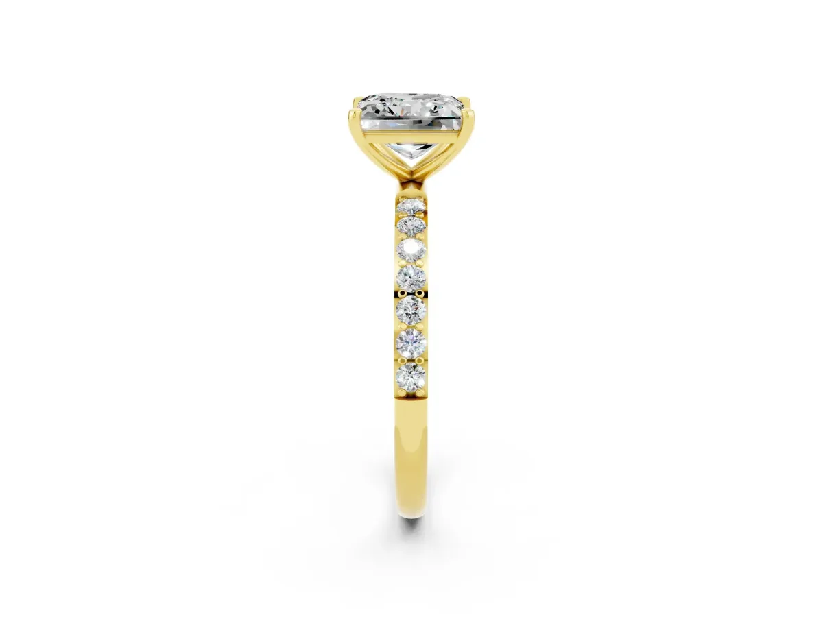 Princess Cut Moissanite Solitaire Ring with Round Pavé Band and Prong Setting Yellow gold