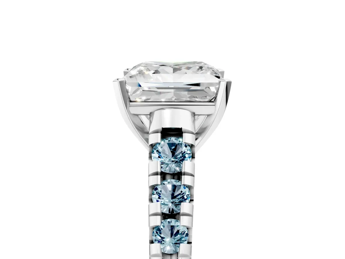 Princess Cut Diamond Cathedral Solitaire Ring with Round Aquamarine Pavé Band White gold