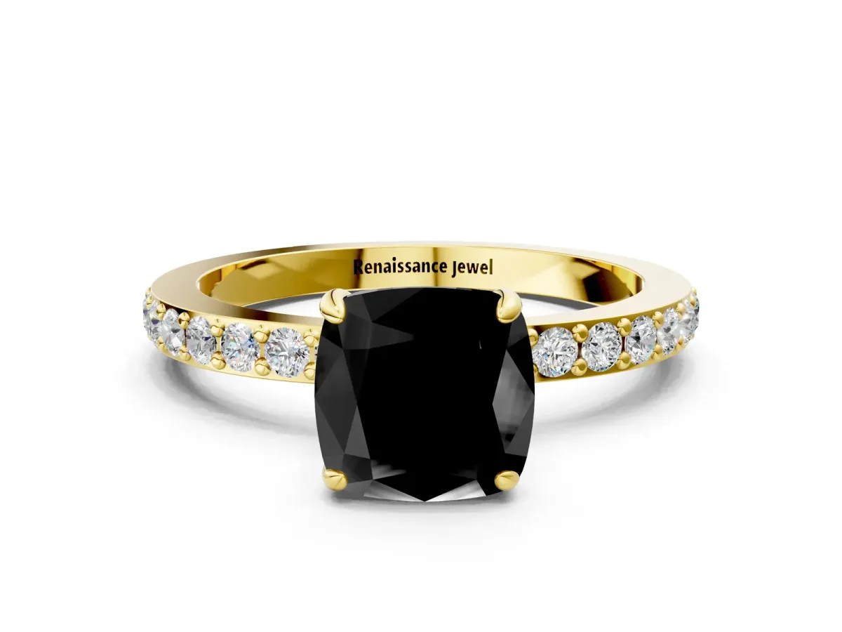 Fancy Black Cushion Cut Diamond Solitaire Engagement Ring with Pavé Band and Four-Prong Setting Yellow gold
