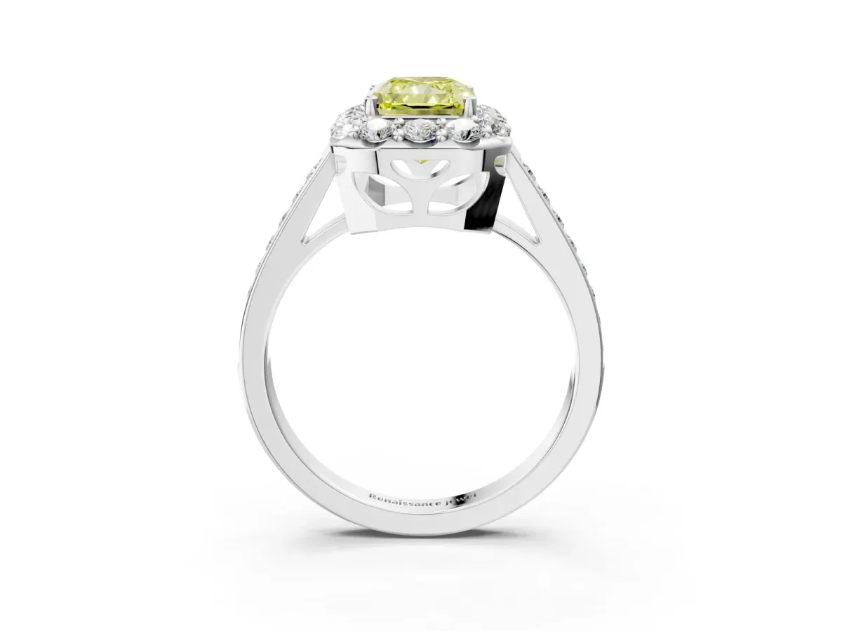 Fancy Yellow Radiant Cut Diamond Floral Halo Ring with Pavé Band and Prong Setting Platinum
