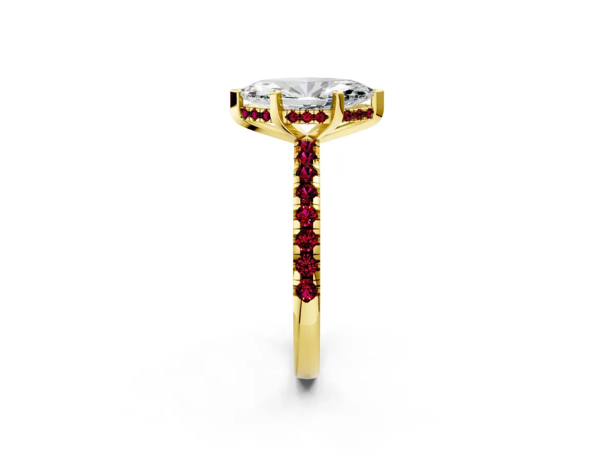 Marquise Cut Diamond Solitaire Ring with Round Garnet Pavé Band and Four-Prong Setting Yellow gold