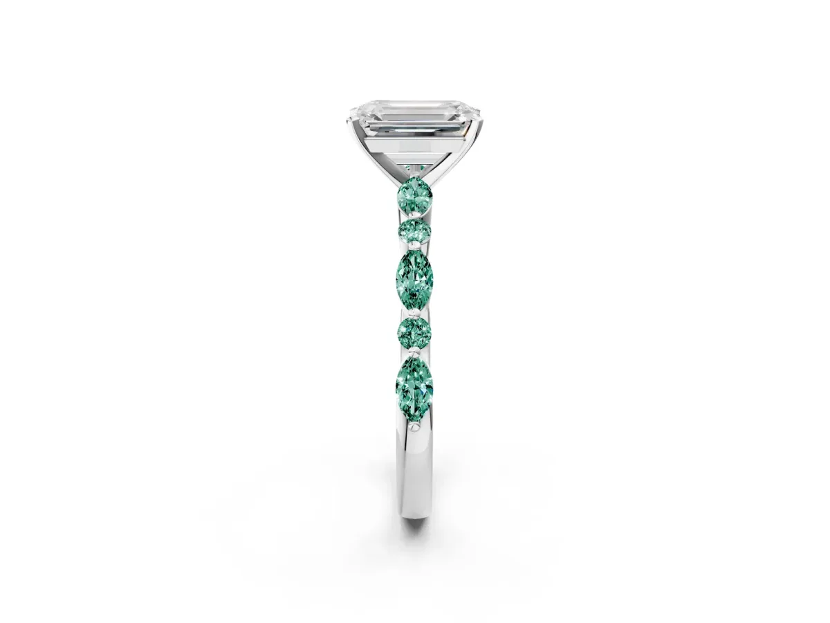 Emerald Cut Diamond Ring with Marquise and Round Green Sapphire Side Stones and Four-Prong Setting White gold