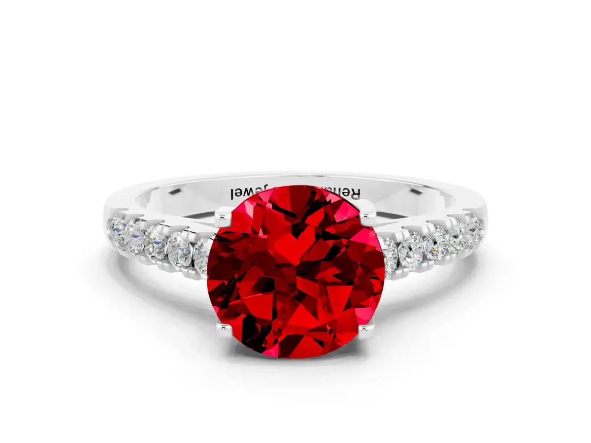 Round Cut Ruby Pavé Band Solitaire Ring with Prong Setting White gold