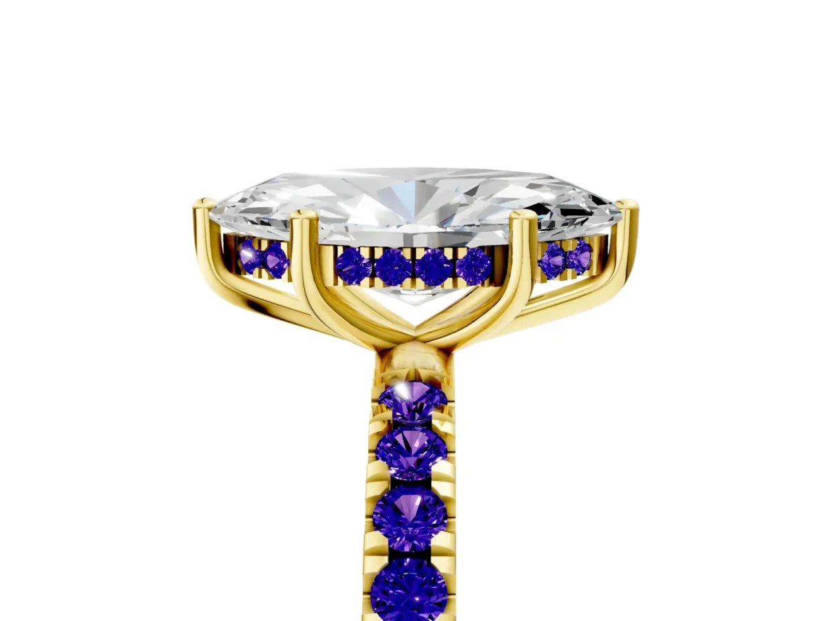 Marquise Cut Diamond Pave Band Solitaire Ring with Round Tanzanite and Prong Setting Yellow gold