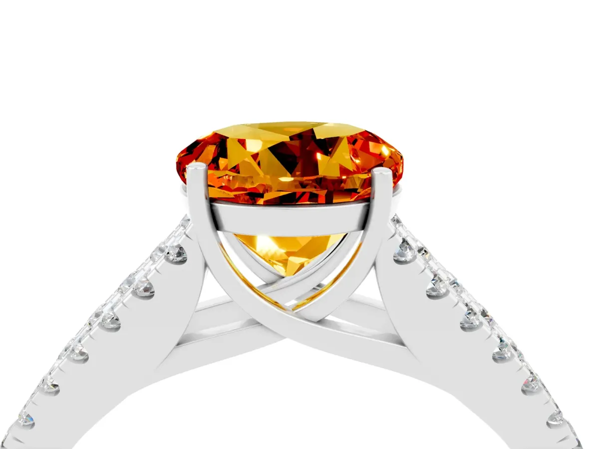 Round Cut Citrine Split Shank Engagement Ring with Round Pavé and Prong Setting Platinum