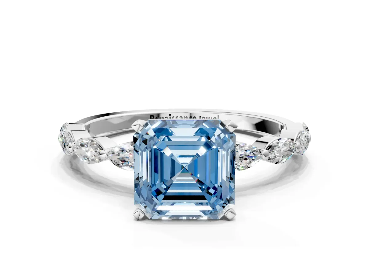 Fancy Blue Asscher Cut Diamond Ring with Marquise Side Stones and Prong Setting Platinum