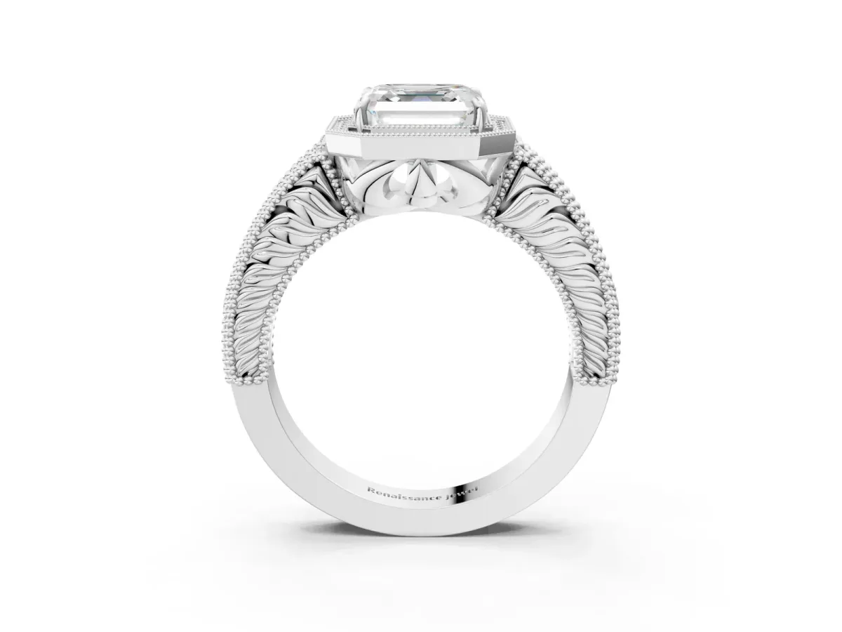 Asscher Cut Cut Halo Diamond Ring with Pavé Band and Four-Prong Setting Platinum