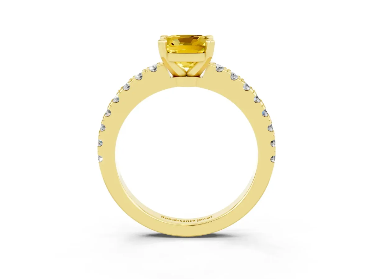 Cushion Cut Solitaire Yellow Sapphire with Pavé Band and Four-Prong Setting Yellow gold