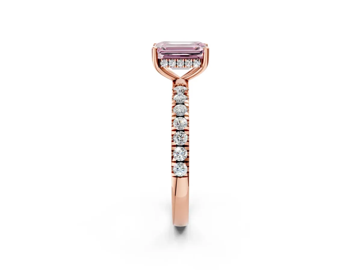 Fancy Pink Emerald Cut Diamond Pave Band Solitaire Ring with Round and Prong Setting Rose gold