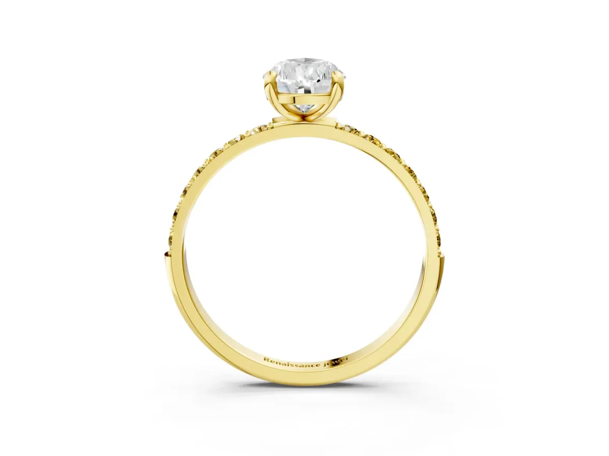 Pear Cut Diamond Solitaire Ring with Round Yellow Sapphire Pavé Band and Prong Setting Yellow gold