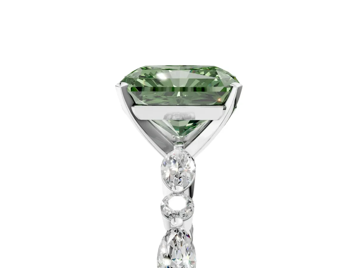 Fancy Green Radiant Cut Diamond Ring with Marquise and Round Side Stones and Four-Prong Setting White gold