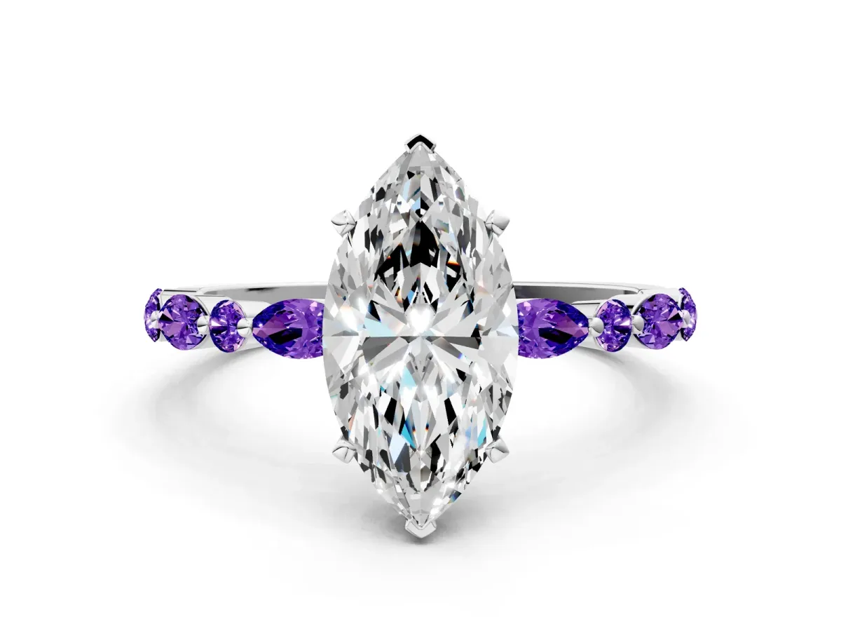 Marquise Cut Diamond Ring with Marquise and Round Tanzanite Side Stones and Four-Prong Setting White gold
