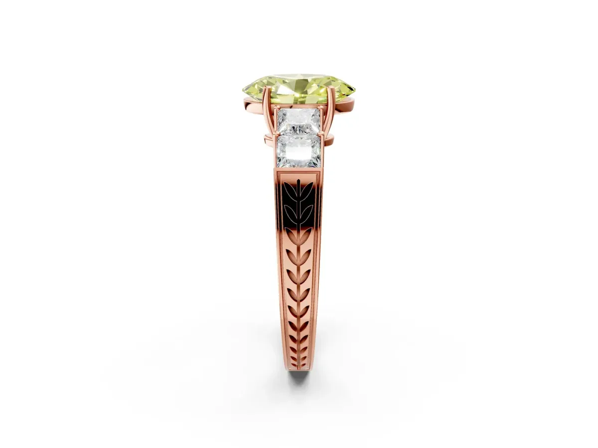 Fancy Yellow Oval Cut Solitaire Princess Side Stone Engraved Band Prong Setting Ring Rose gold