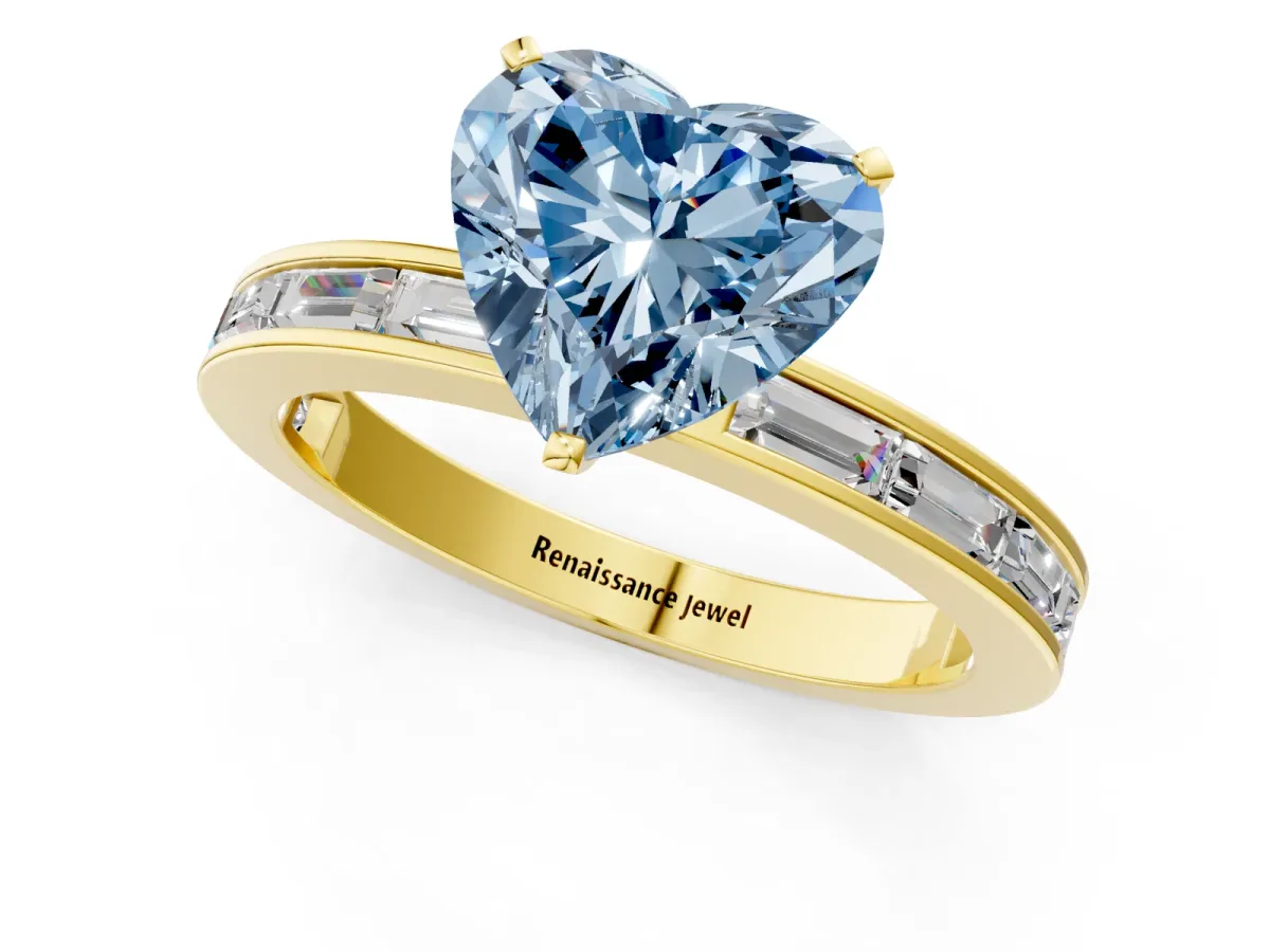 Fancy Blue Heart Cut Solitaire Diamond Ring with Channel-Set Baguette Band and Four-Prong Setting Yellow gold