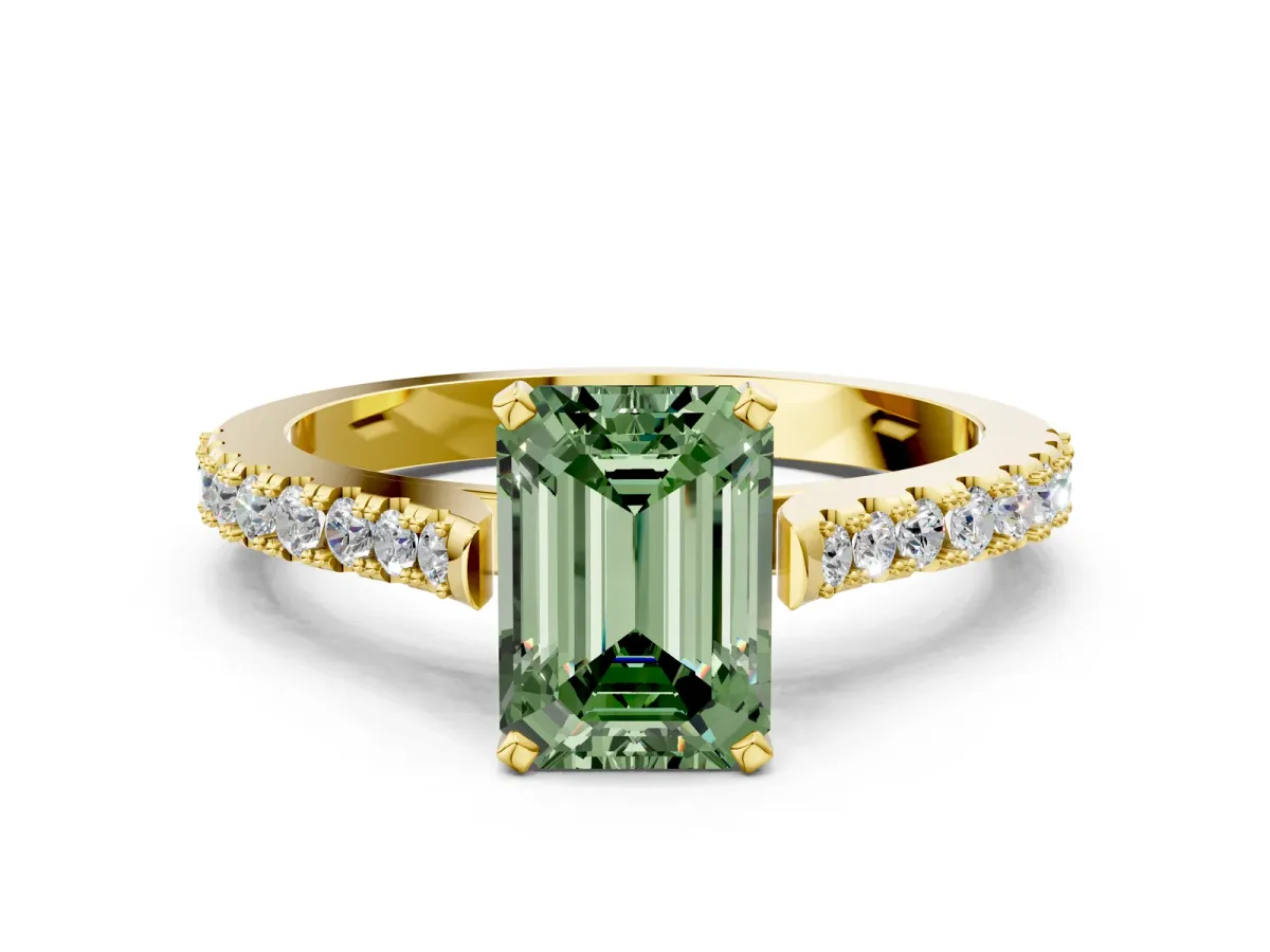 Fancy Green Emerald Cut Cut Solitaire Diamond Engagement Ring with Pave Band and Four-Prong Setting Yellow gold
