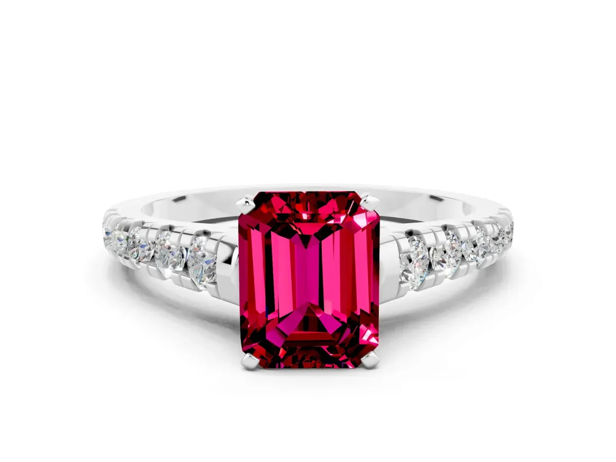 Emerald Cut Garnet Cathedral Solitaire Ring with Round Pavé Band White gold