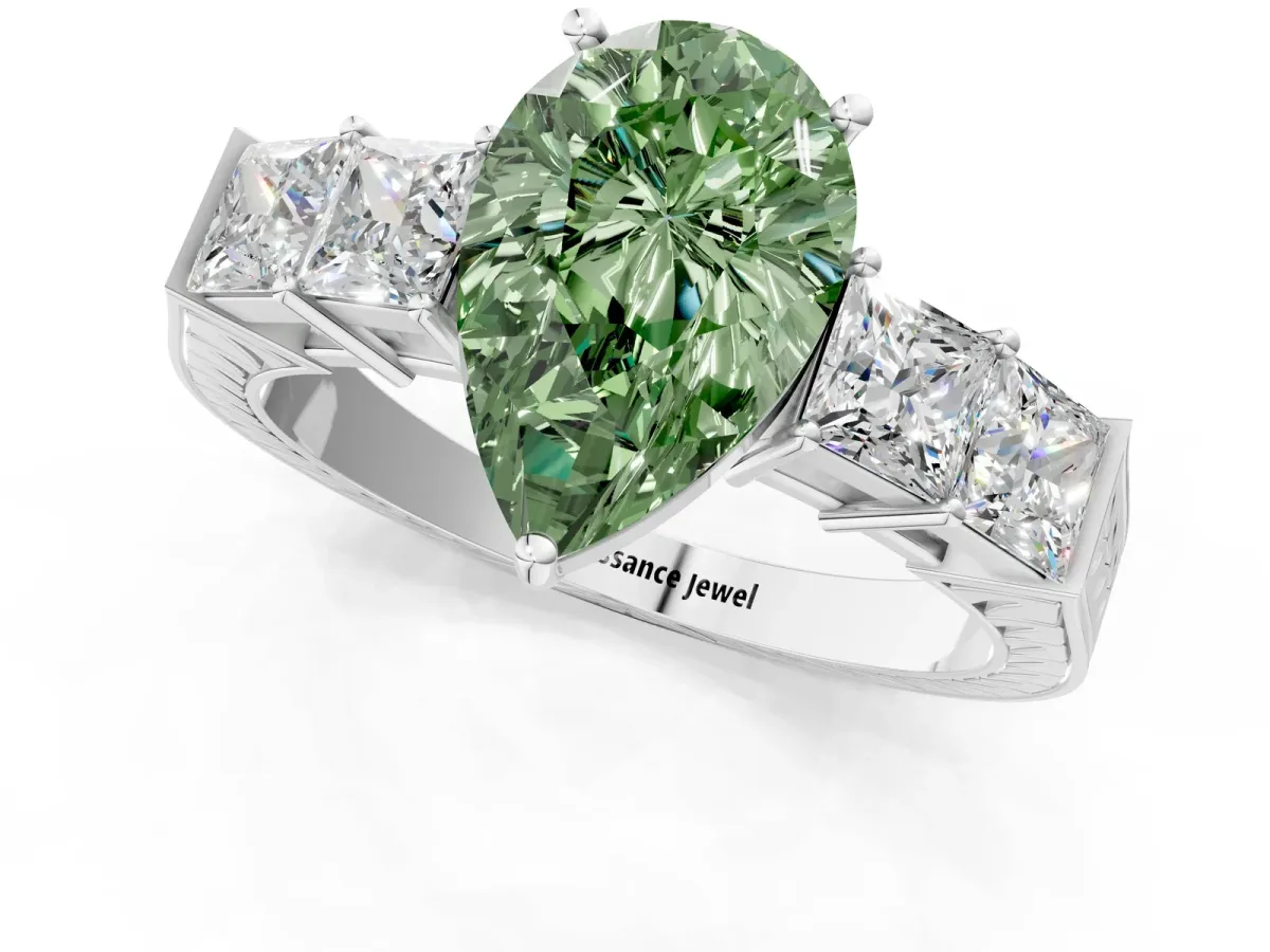 Fancy Green Pear Cut Solitaire Princess Side Stone Engraved Band Prong Setting Ring Platinum