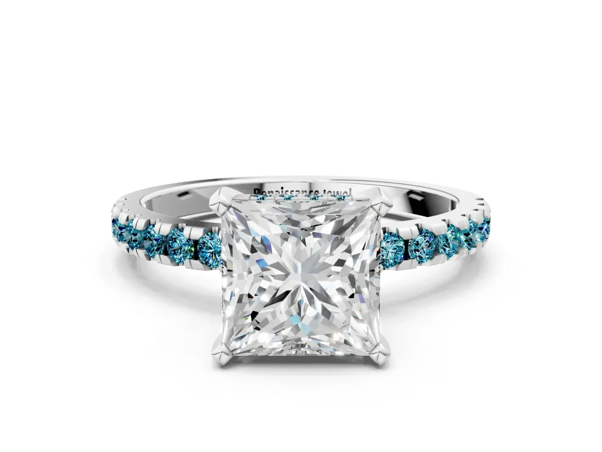 Princess Cut Diamond Solitaire Ring with Round Blue Topaz Pavé Band and Four-Prong Setting White gold