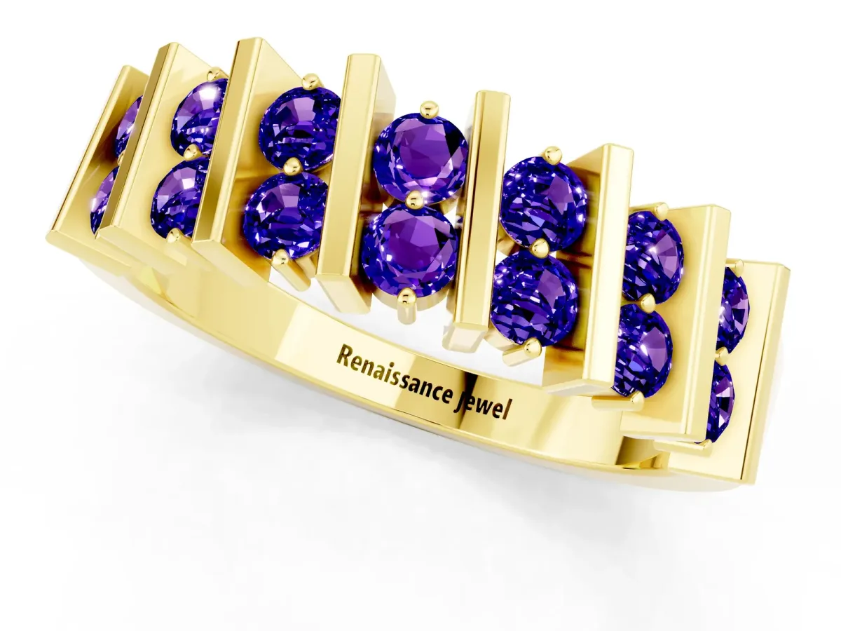 Channel Set Round Tanzanite Anniversary Band with Vertical Prongs Yellow gold