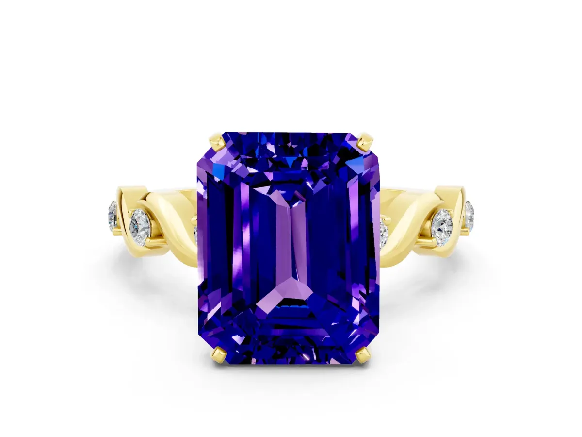 Emerald Cut Tanzanite Solitaire Twisted Band with Round Accents and Prong Setting Yellow gold