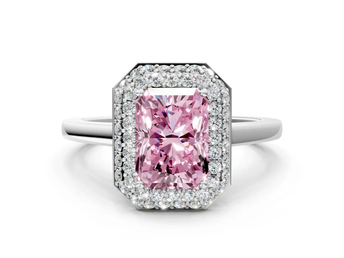 Fancy Pink Radiant Cut Halo Diamond Engagement Ring with Solitaire Band and Four-Prong Setting Platinum