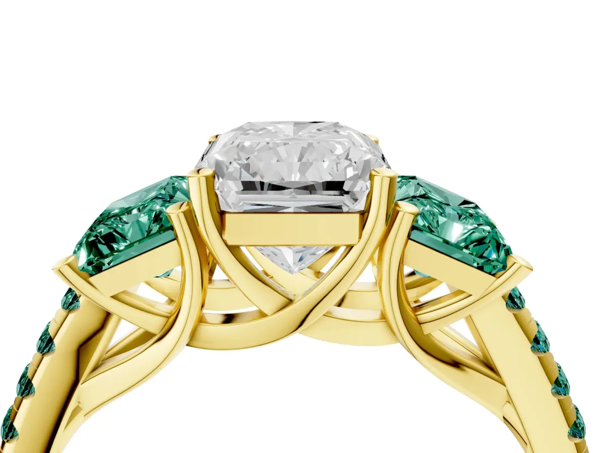 Three-Stone Radiant Cut Diamond Ring with Round Green Sapphire Pavé Band and Prong Setting Yellow gold