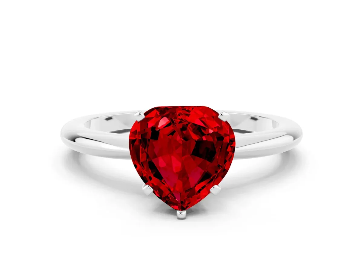 Heart Cut Ruby Solitaire Ring with Six-Prong Setting and Classic Band White gold