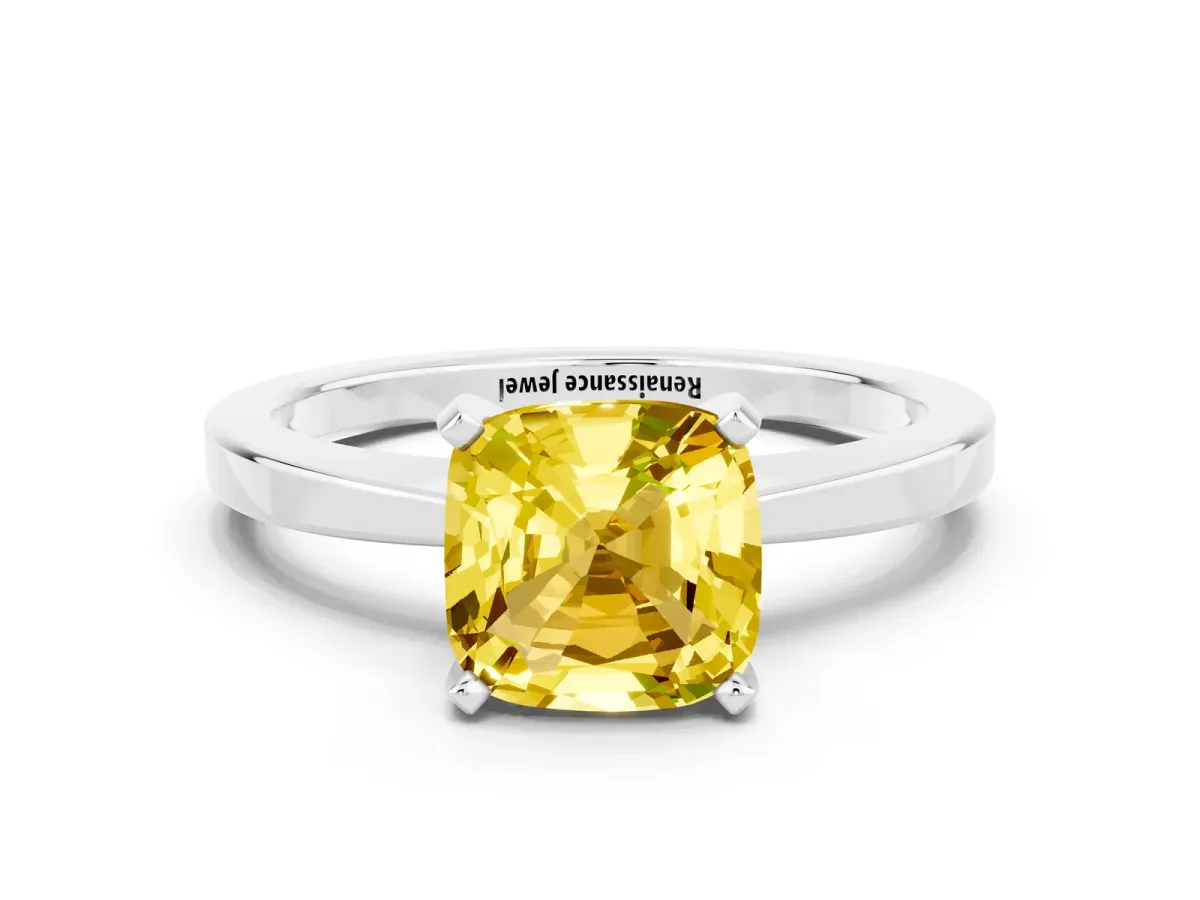 Cushion Cut Yellow Sapphire Solitaire Engagement Ring with Classic Band and Four-Prong Setting White gold