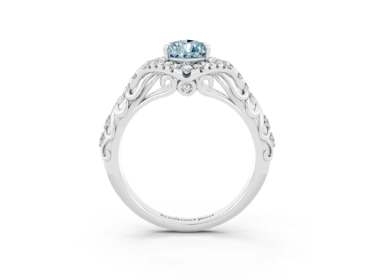 Pear Cut Aquamarine Solitaire Ring with Hidden Halo and Pavé Band White gold