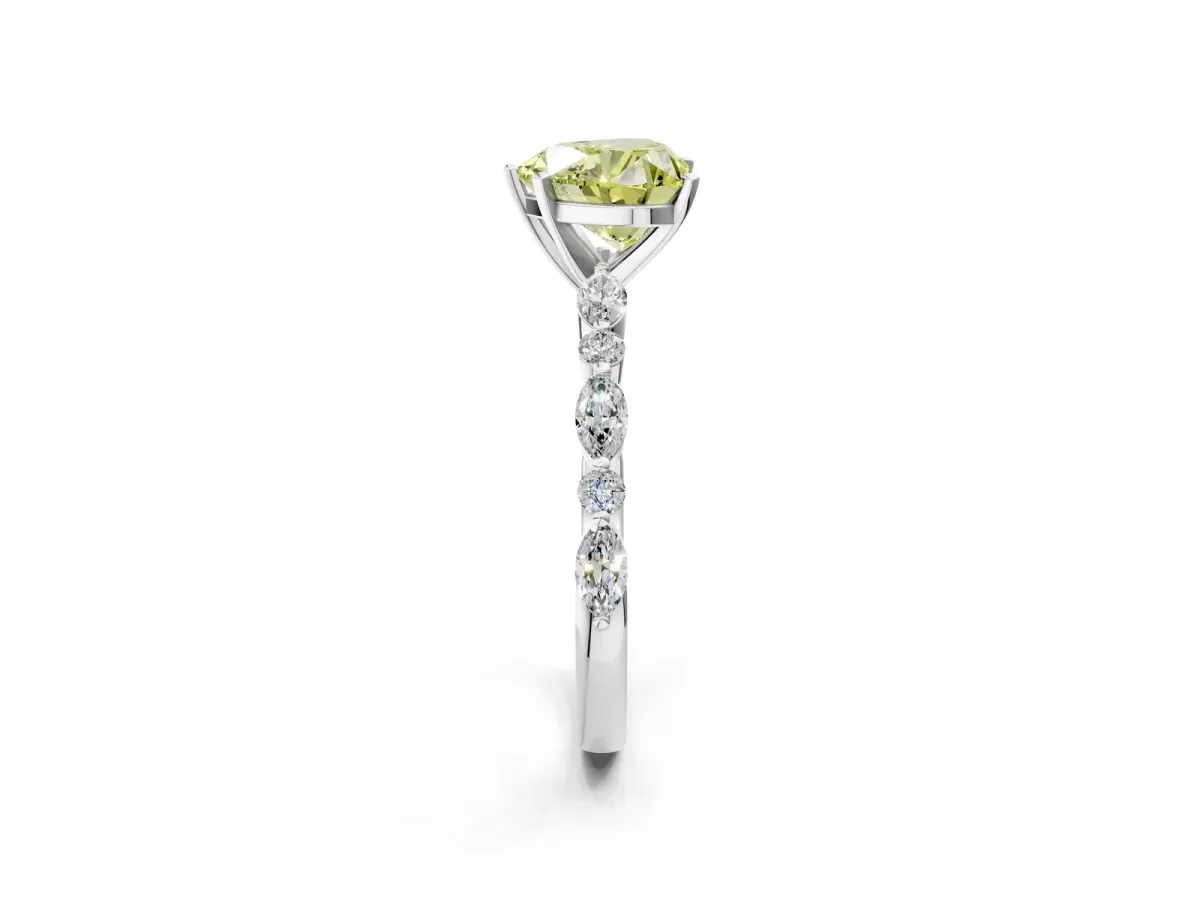 Fancy Yellow Heart Cut Diamond Ring with Marquise and Round Side Stones and Four-Prong Setting White gold