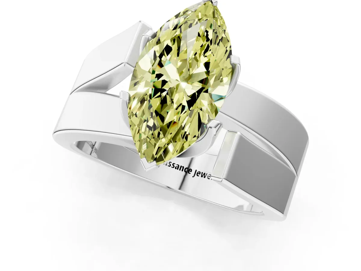 Fancy Yellow Modern Tension Set Marquise Cut Diamond Solitaire Wide Band Ring Silver