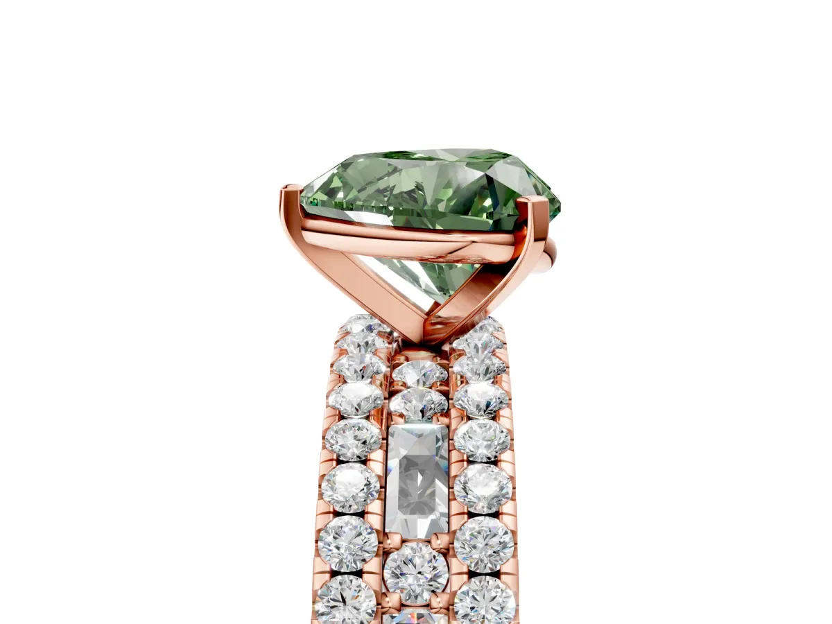 Fancy Green Heart Cut Diamond Solitaire Ring with Pavé and Channel Set Band Rose gold