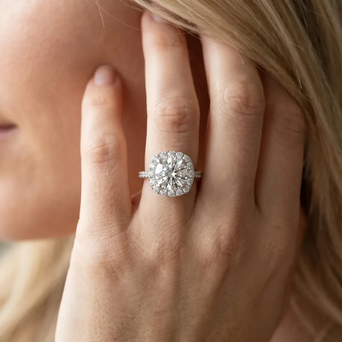 Asscher Cut Halo Round Diamond Solitaire Engagement Ring with Pave Band and Four-Prong Setting Platinum