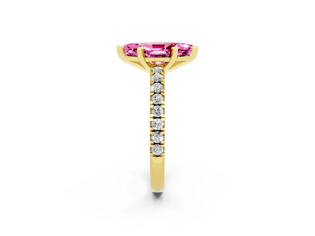 Marquise Cut Solitaire Pink Sapphire with Pavé Band and Four-Prong Setting Yellow gold