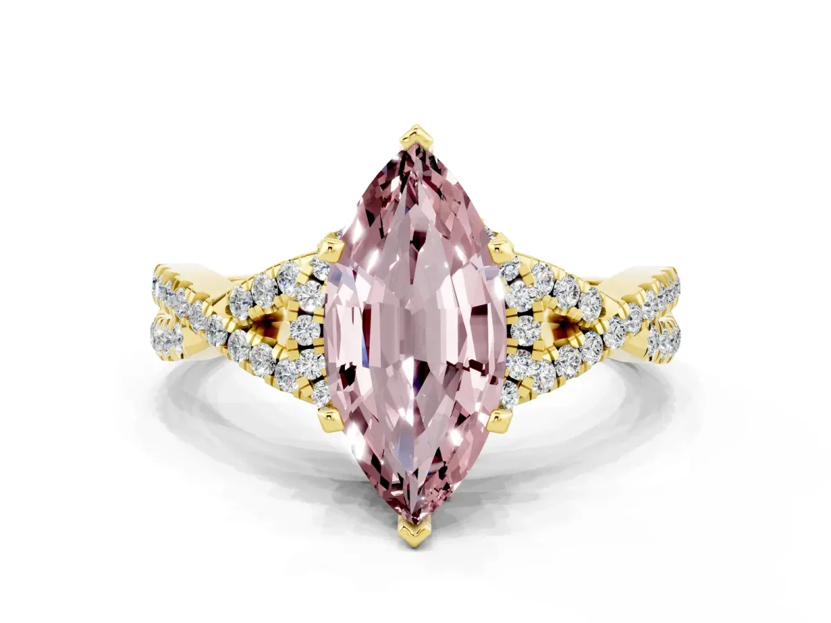 Marquise Cut Morganite Halo Twist Band Solitaire Prong Setting Ring Yellow gold