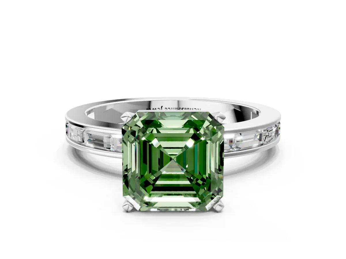 Fancy Green Asscher Cut Solitaire Diamond Ring with Channel-Set Baguette Band and Four-Prong Setting White gold