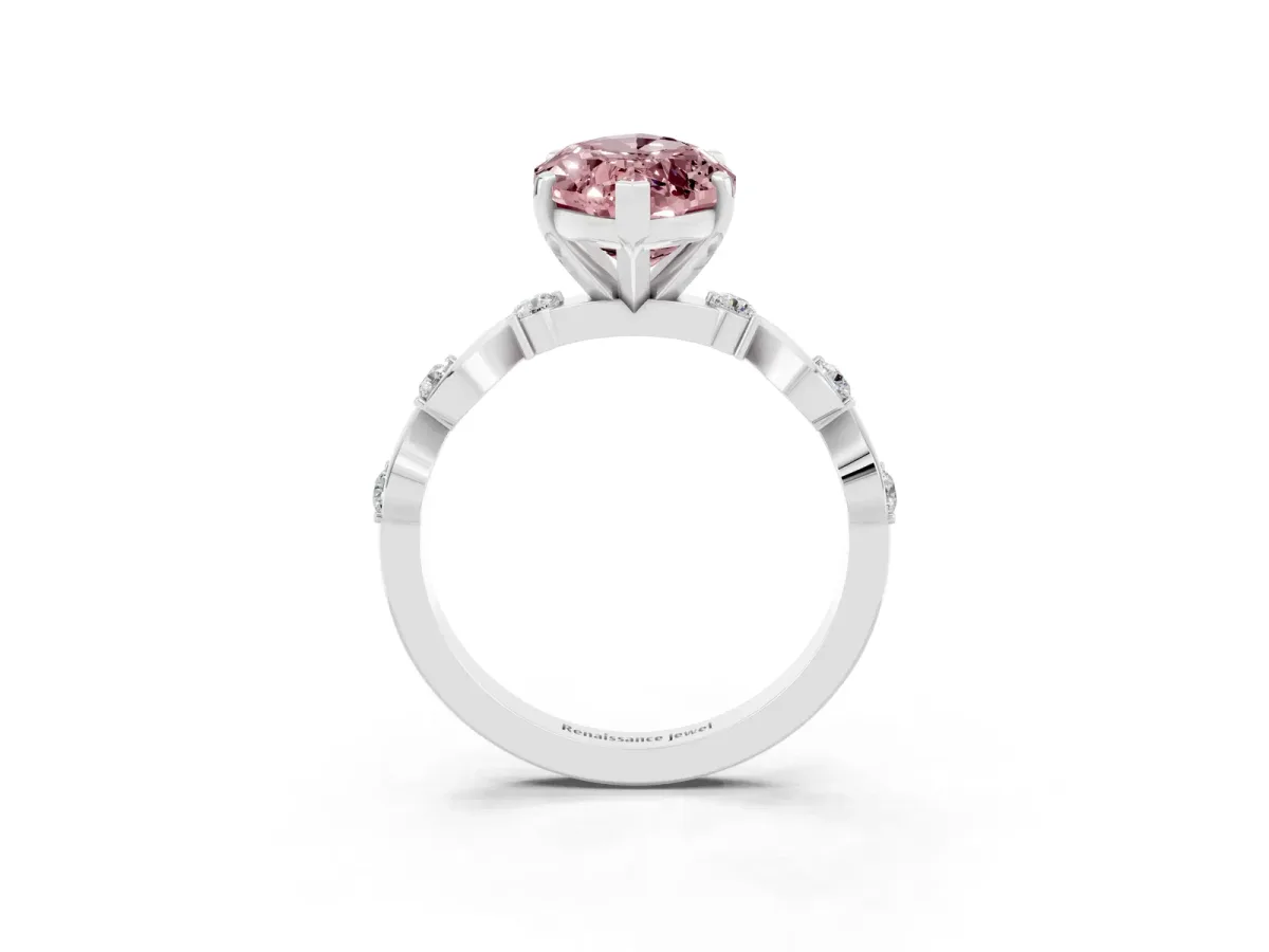 Marquise Cut Morganite Solitaire Twisted Band with Round Accents and Prong Setting White gold