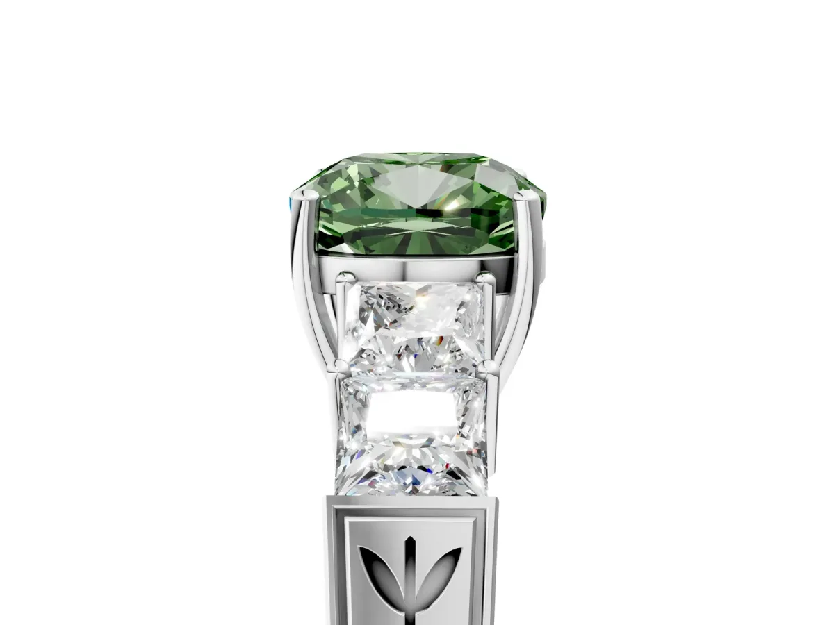 Fancy Green Cushion Cut Solitaire Princess Side Stone Engraved Band Prong Setting Ring Silver
