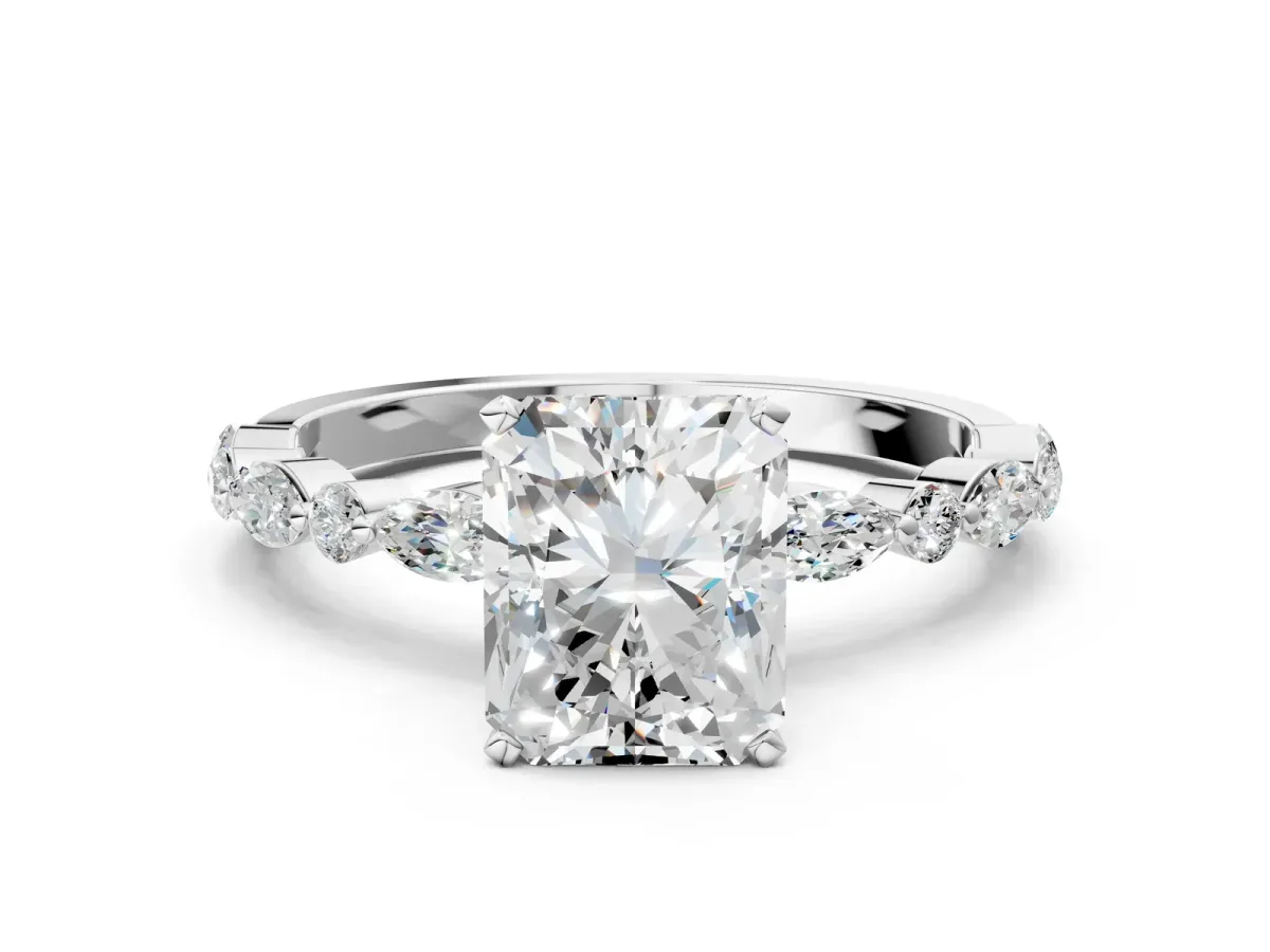 Radiant Cut Diamond Ring with Marquise and Round Moissanite Side Stones and Four-Prong Setting Platinum