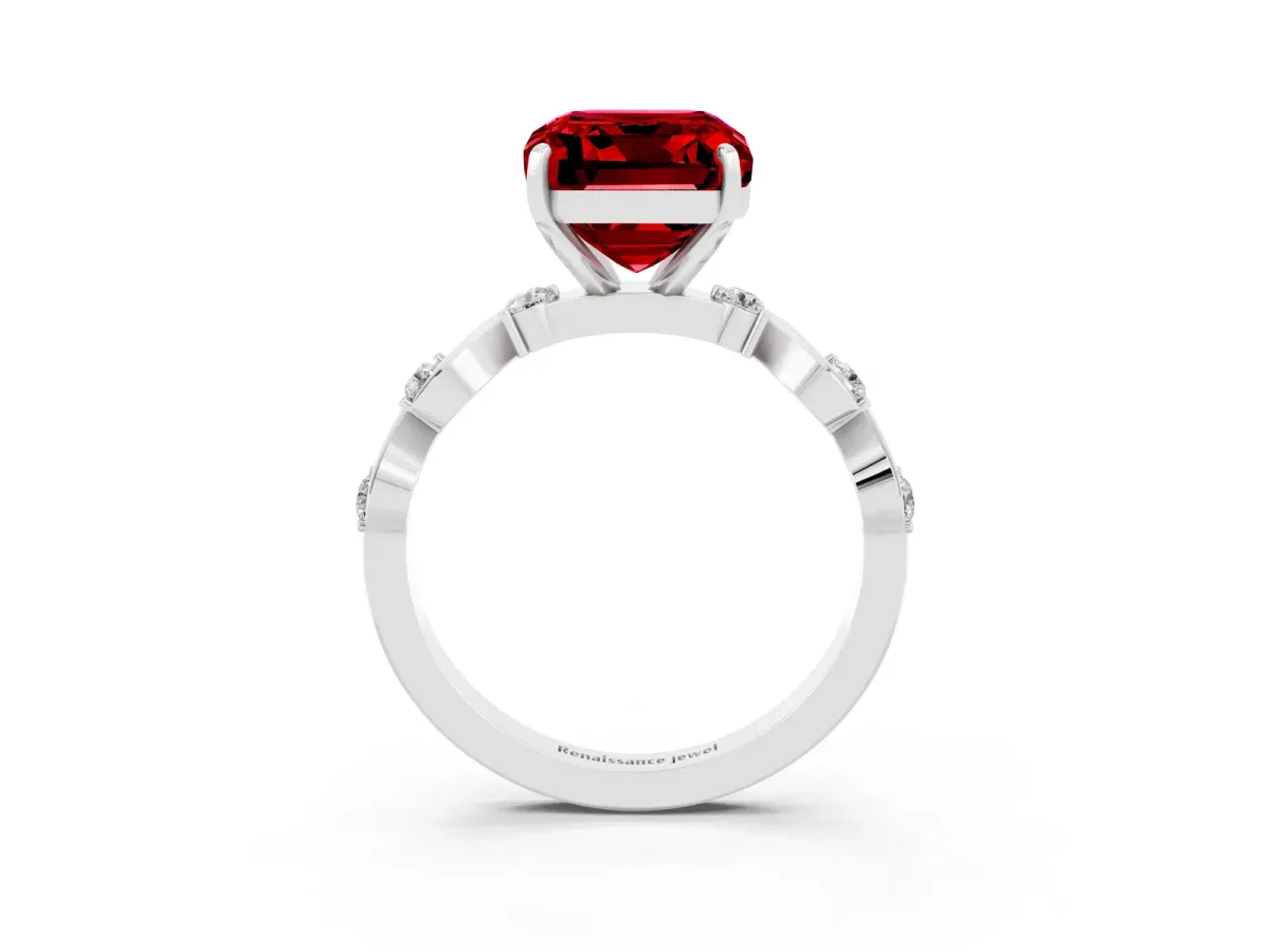 Emerald Cut Ruby Solitaire Twisted Band with Round Accents and Prong Setting Silver