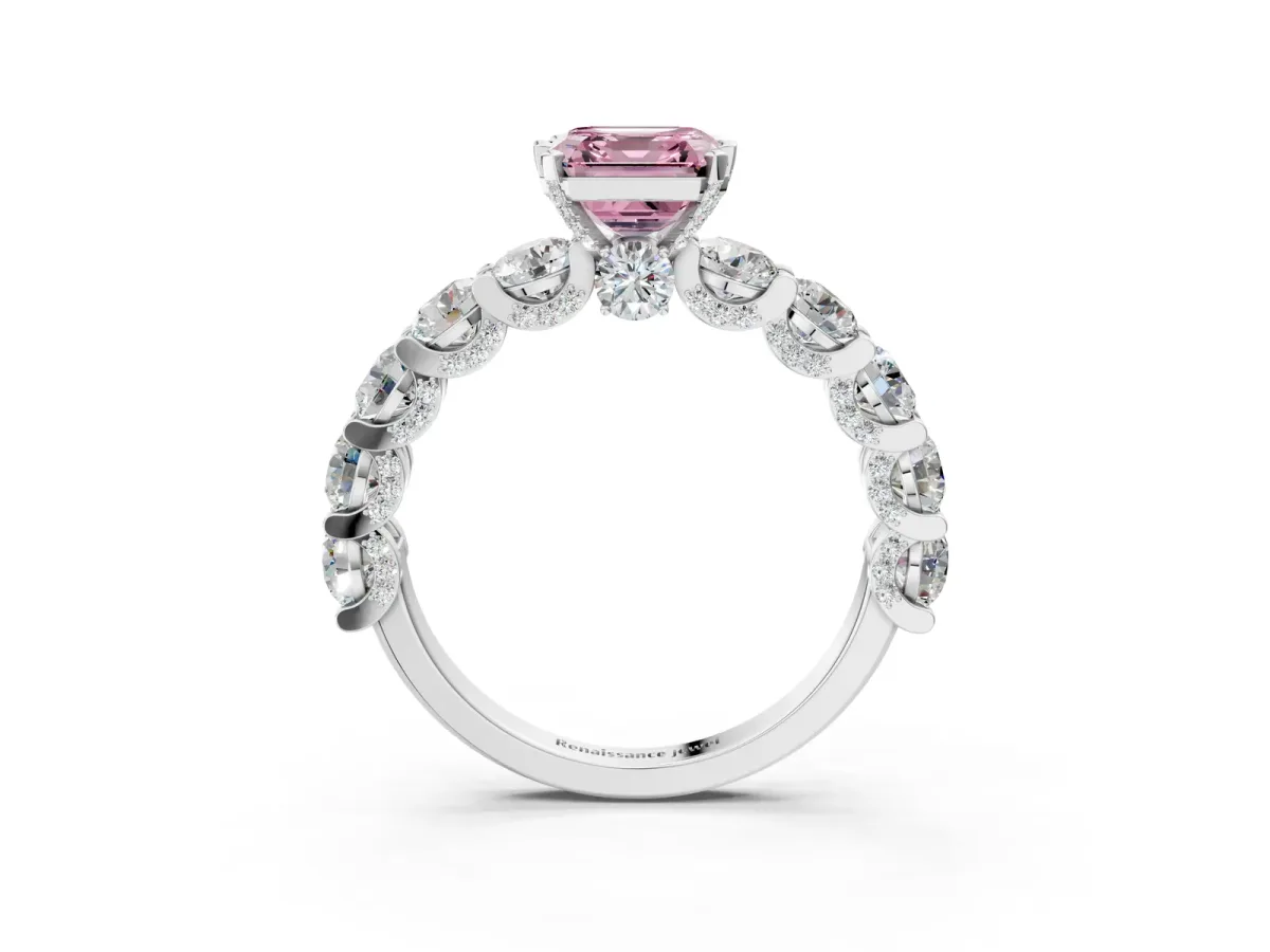 Fancy Pink Asscher Cut Diamond Side Stone Engagement Ring with Four-Prong Setting Platinum