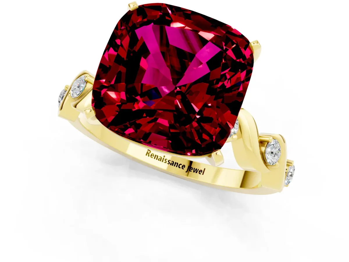 Cushion Cut Garnet Solitaire Twisted Band with Round Accents and Prong Setting Yellow gold