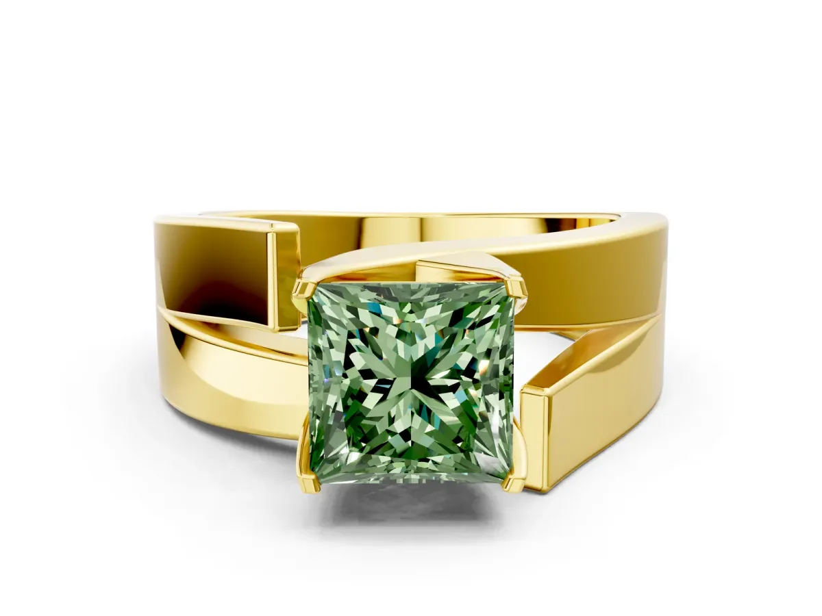 Fancy Green Modern Tension Set Princess Cut Diamond Solitaire Wide Band Ring Yellow gold