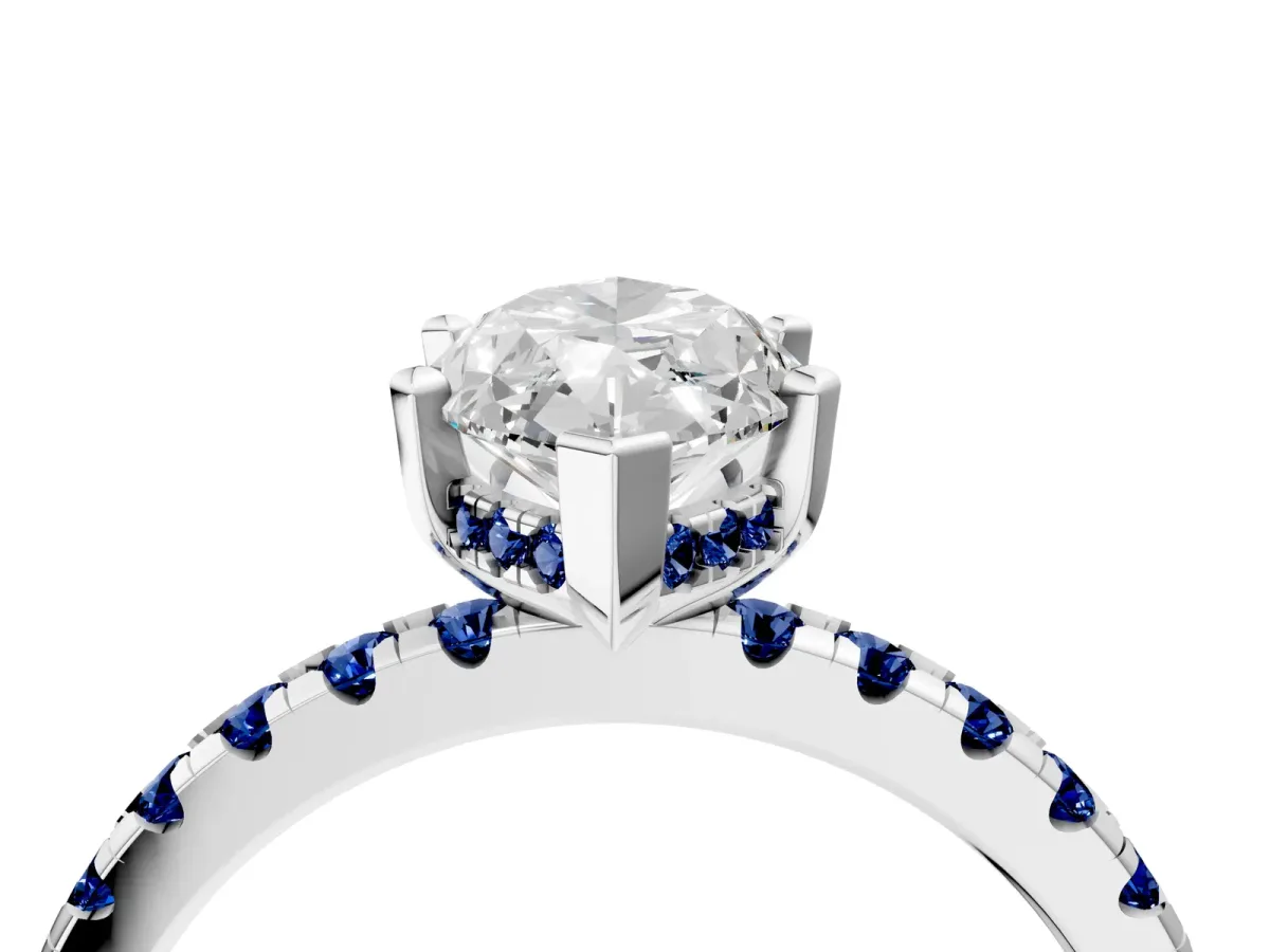 Marquise Cut Diamond Solitaire Ring with Round Blue Sapphire Pavé Band and Four-Prong Setting White gold