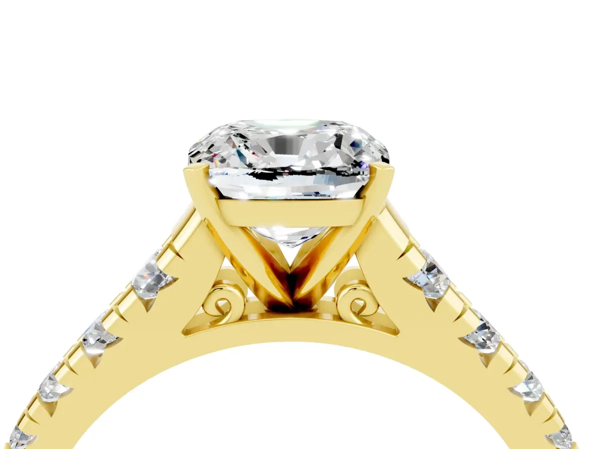 Cushion Cut Moissanite Cathedral Solitaire Ring with Round Pavé Band Yellow gold
