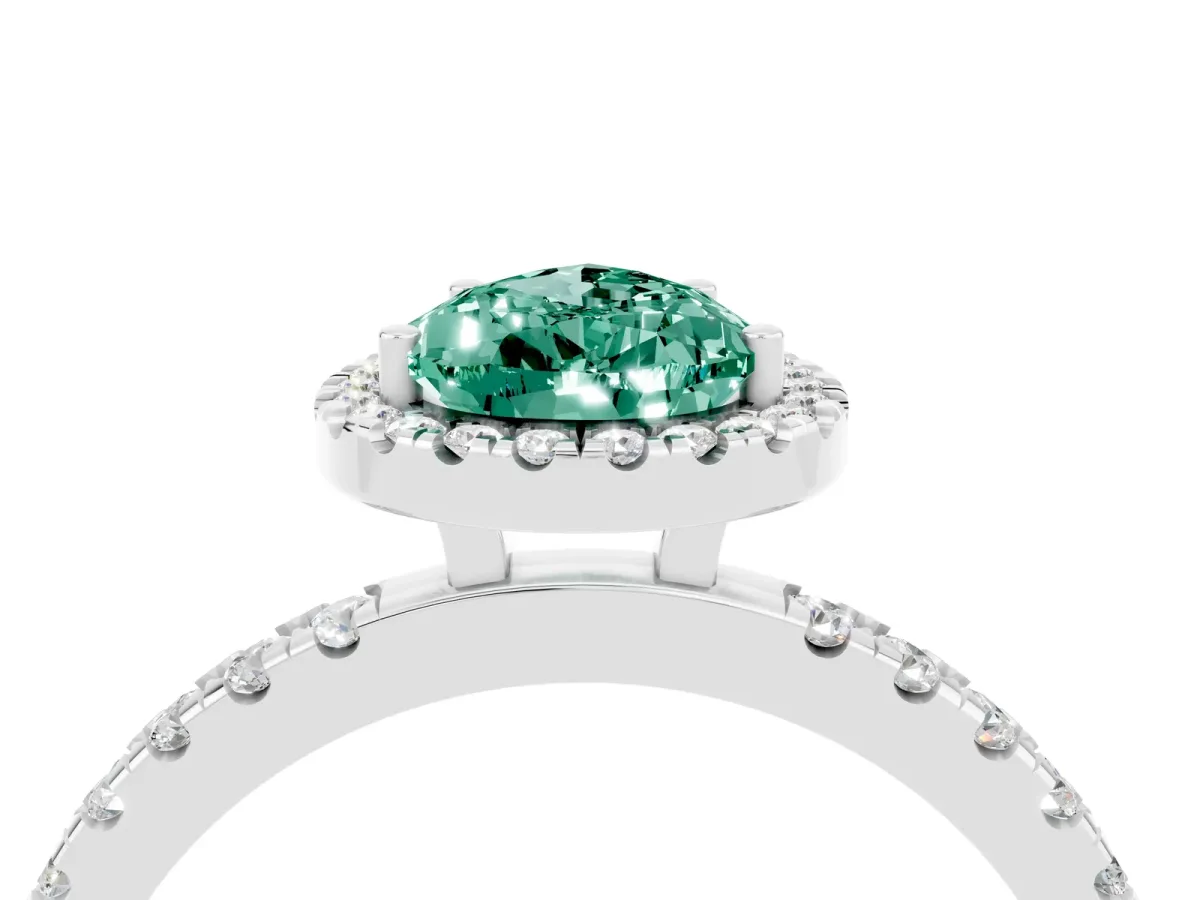 Pear Cut Green Sapphire Classic Halo Engagement Ring with Round Pavé Band and Prong Setting Silver